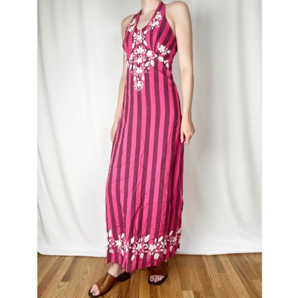 Vintage Dresses & Skirts - Vintage 70's Embroidered Maxi Striped Sleeveless Handmade Boho Halter Dress XS/S